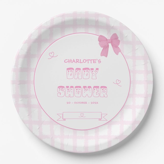 Cute Bow Pastel Pink Gingham Baby Shower Paper Plates (Front)