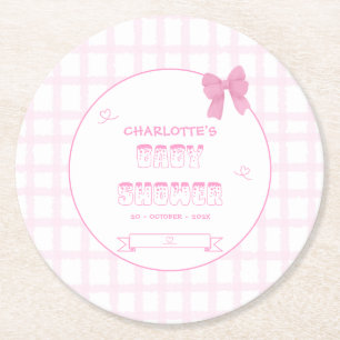 Cute Bow Pastel Pink Gingham Baby Shower Round Paper Coaster