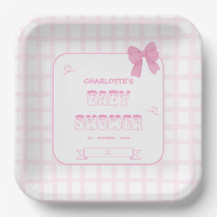 Cute Bow Pastel Pink Gingham Baby Shower Square Paper Plates
