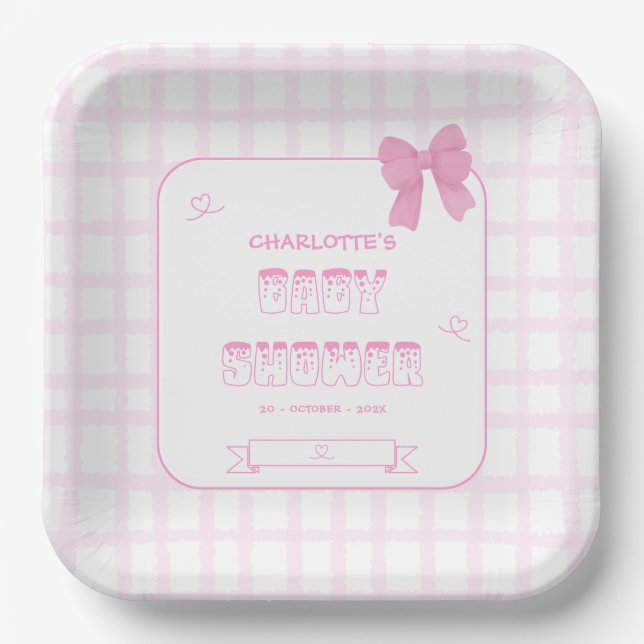 Cute Bow Pastel Pink Gingham Baby Shower Square Paper Plates (Front)