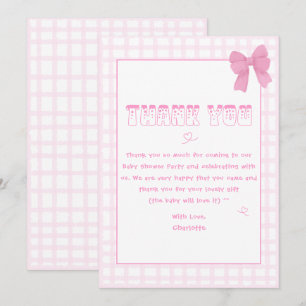 Cute Bow Pastel Pink Gingham Baby Shower Thank You Card