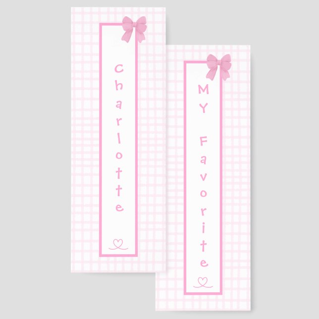 Cute Bow Pastel Pink Gingham Bookmarks (Front & Back)