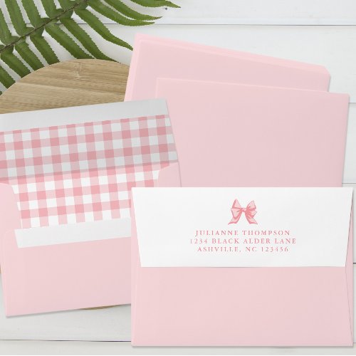 Cute Bow Pastel Pink Gingham Check Return Address Envelope