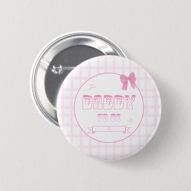 Cute Bow Pastel Pink Gingham Daddy-to-be Button (Front & Back)