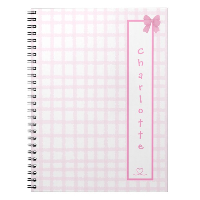 Cute Bow Pastel Pink Gingham Notebook (Front)