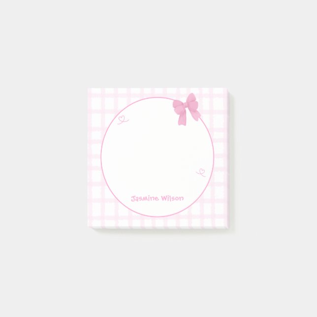 Cute Bow Pastel Pink Gingham Post-it Notes (Front)