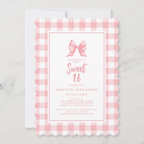 Cute Bow Pastel Pink White Gingham Check Birthday Invitation