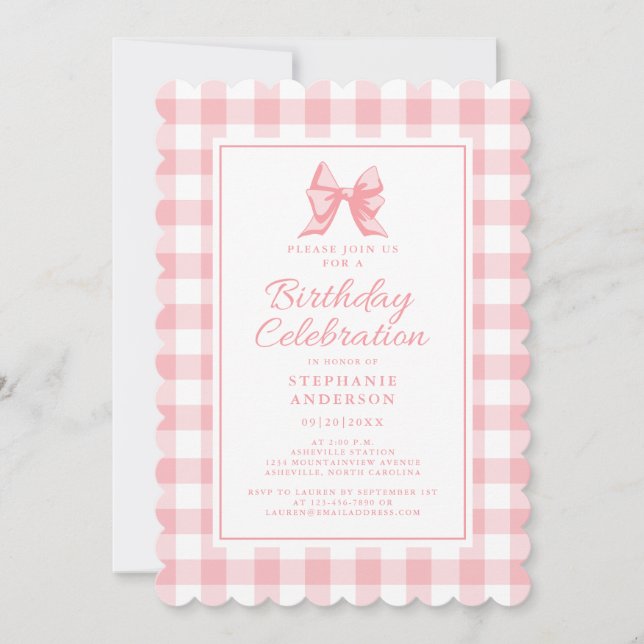 Cute Bow Pastel Pink White Gingham Check Birthday Invitation (Front)