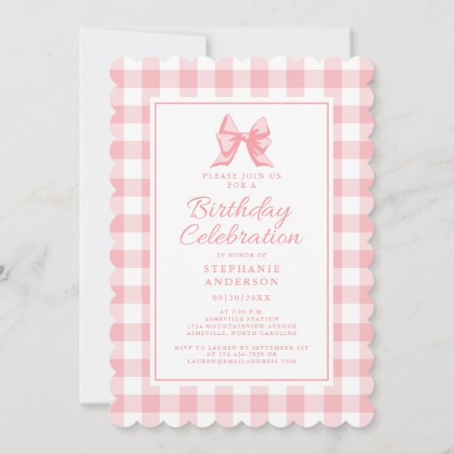 Cute Bow Pastel Pink White Gingham Check Birthday Invitation