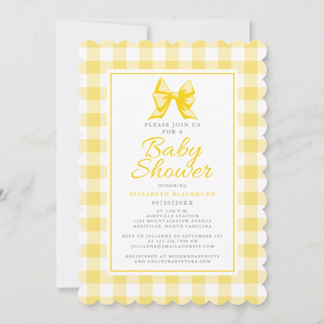 Cute Bow Pastel Yellow White Gingham Check Pattern Invitation (Front)
