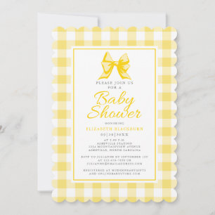 Cute Bow Pastel Yellow White Gingham Check Pattern Invitation