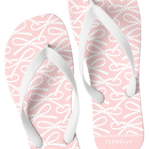 Cute Bow Personalized Name Pink White Flip Flops