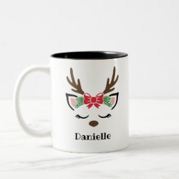 Cute Bow Reindeer Face Personalized Name Holiday Two-Tone Coffee Mug