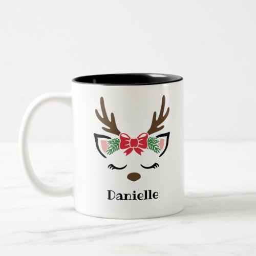 Cute Bow Reindeer Face Personalized Name Holiday Two_Tone Coffee Mug