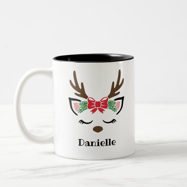 Cute Bow Reindeer Face Personalized Name Holiday Two-Tone Coffee Mug (Left)