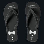 Cute Bow Tie & Buttons Black Groomsman Wedding Flip Flops<br><div class="desc">These cute flip flops are a great way to thank the groomsmen at your wedding. They feature a cute & fun design with a white bow tie and buttons on a black background with his name and title.</div>