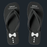 Cute Bow Tie & Buttons Black Groomsman Wedding Flip Flops<br><div class="desc">These cute flip flops are a great way to thank the groomsmen at your wedding. They feature a cute & fun design with a white bow tie and buttons on a black background with his name and title.</div>
