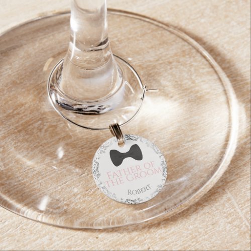 Cute Bow Tie Pink  Gray Father of Groom Wedding  Wine Charm