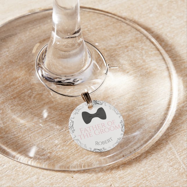 Cute Bow Tie Pink & Gray Father of Groom Wedding  Wine Charm (In Situ)