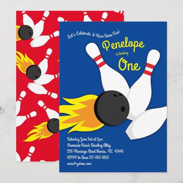 Cute Bowling Kids 1st Birthday Party Sports Invitation (Front/Back)