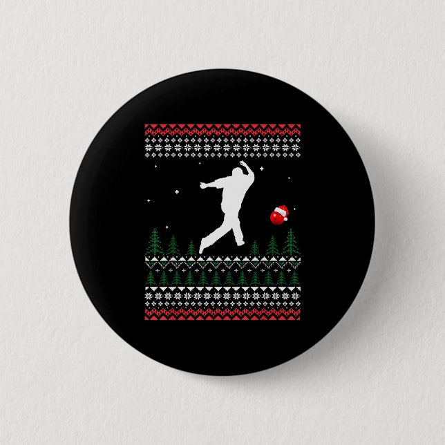 Cute Bowling Player Santa Claus Hat Ugly Christmas Button (Front)