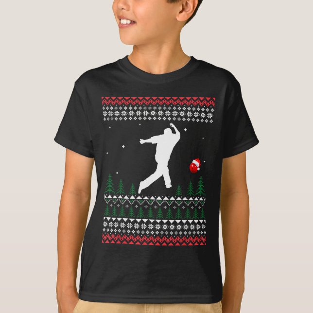 Cute Bowling Player Santa Claus Hat Ugly Christmas T-Shirt (Front)