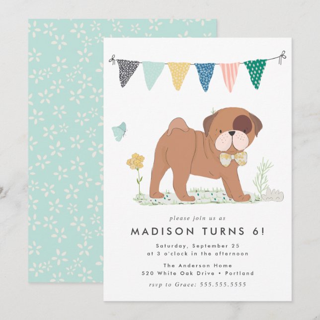 Cute Bowtie Pug Birthday Party Invitation (Front/Back)