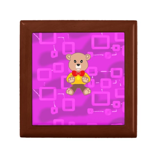 Cute Bowtie Teddy Bear on Pink Geometric Gift Box (Front)
