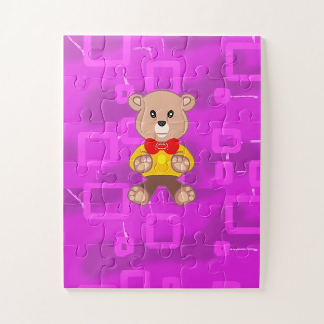 Cute Bowtie Teddy Bear Pink Geometric  Jigsaw Puzzle (Vertical)