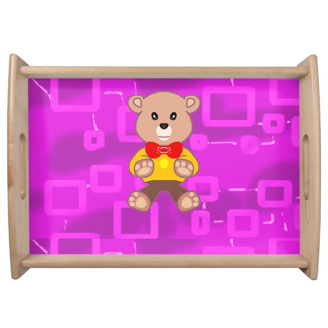 Cute Bowtie Teddy Bear Pink Geometric serving tray (Front)