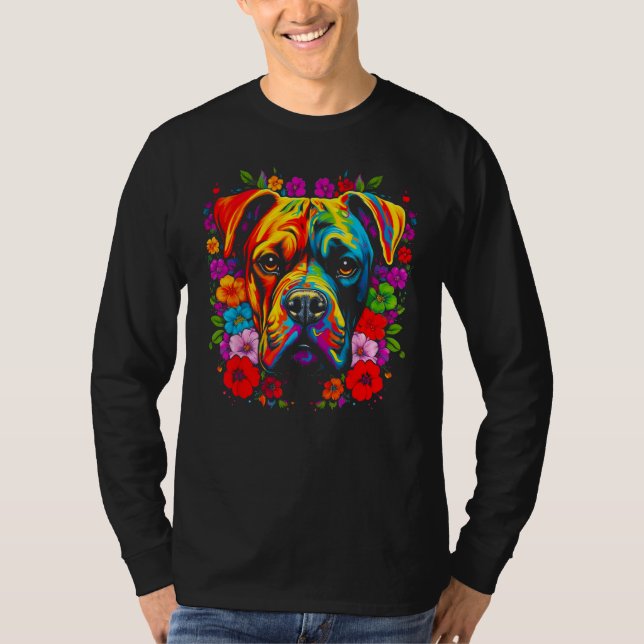Cute Boxer Dog Flowers T-Shirt (Front)