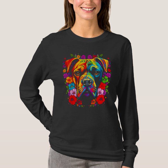Cute Boxer Dog Flowers T-Shirt (Front)