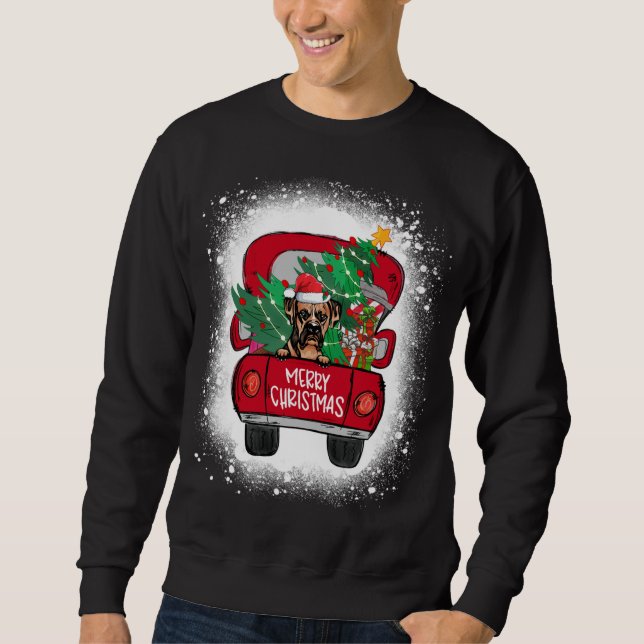Cute Boxer Dog Red Truck Merry Christmas Bleached Sweatshirt (Front)