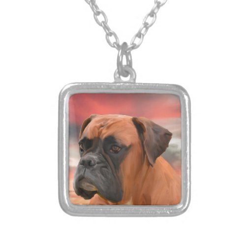 Cute Boxer Dog Water Color Oil Painting Art Silver Plated Necklace