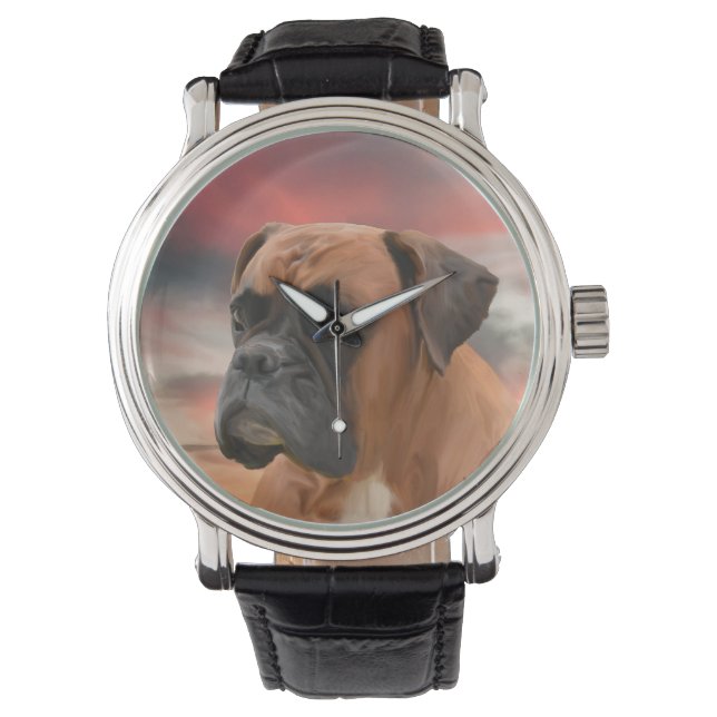 Cute Boxer Dog Water Color Oil Painting Art Watch (Front)