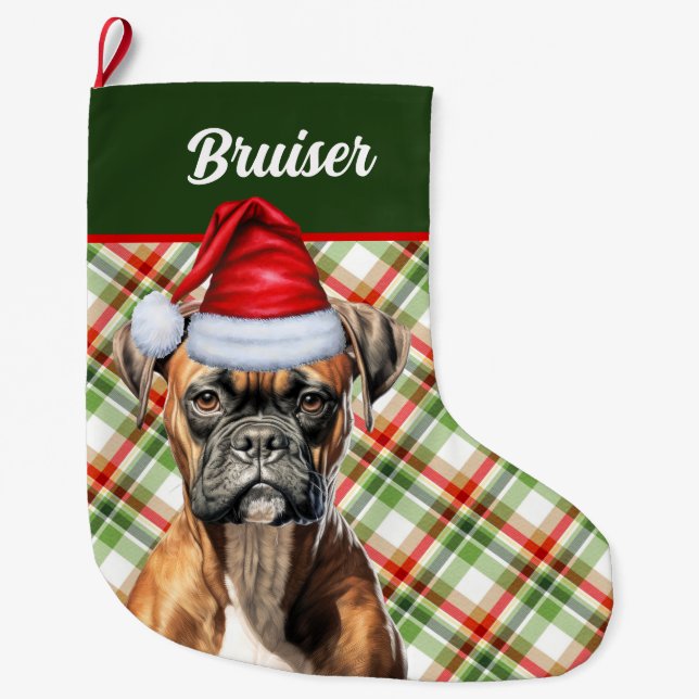 Cute Boxer Dog with Holiday Plaid Personalized Large Christmas Stocking (Front)