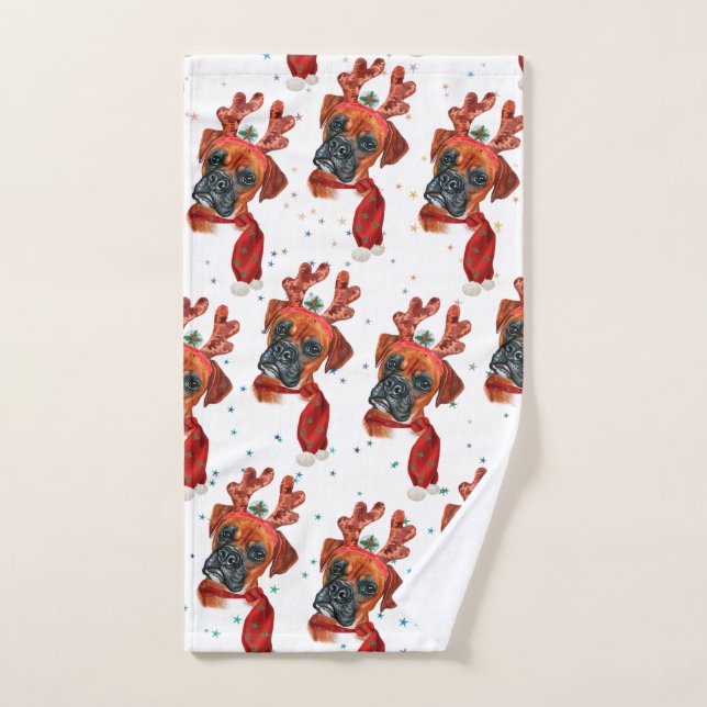 Cute Boxer Dog with Reindeer Antlers Christmas Hand Towel (Hand Towel)