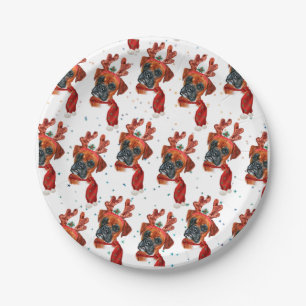 Cute Boxer Dog with Reindeer Antlers Christmas Paper Plates
