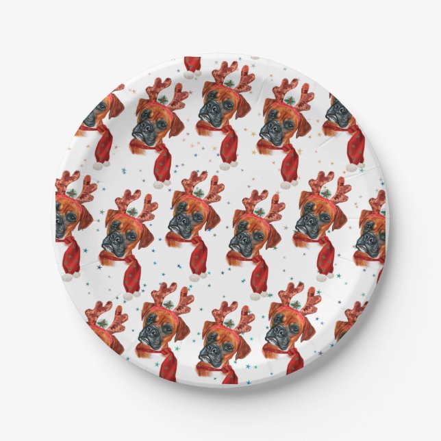 Cute Boxer Dog with Reindeer Antlers Christmas Paper Plates (Front)