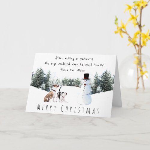 Cute boxer dogs play with snowman merry christmas card