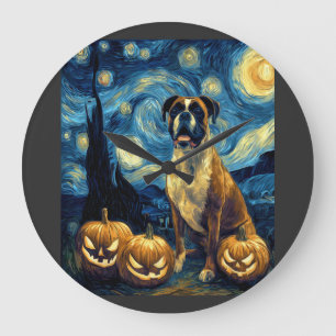 Cute Boxer Halloween Jack O Lantern Pumpkin Face S Large Clock