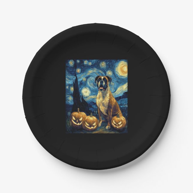 Cute Boxer Halloween Jack O Lantern Pumpkin Face S Paper Plates (Front)