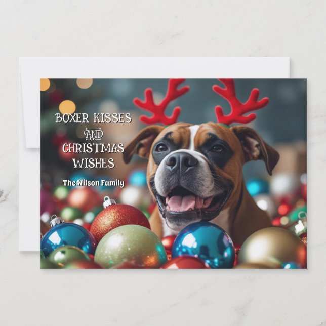 Cute Boxer Kisses & Christmas Wishes Personalized Holiday Card (Front)