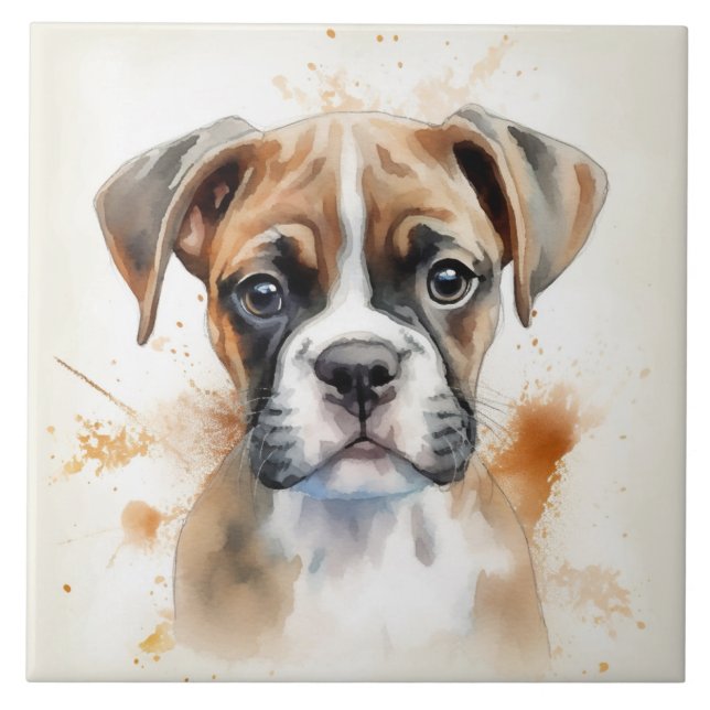 Cute Boxer Puppy Watercolor Ceramic Tile (Front)