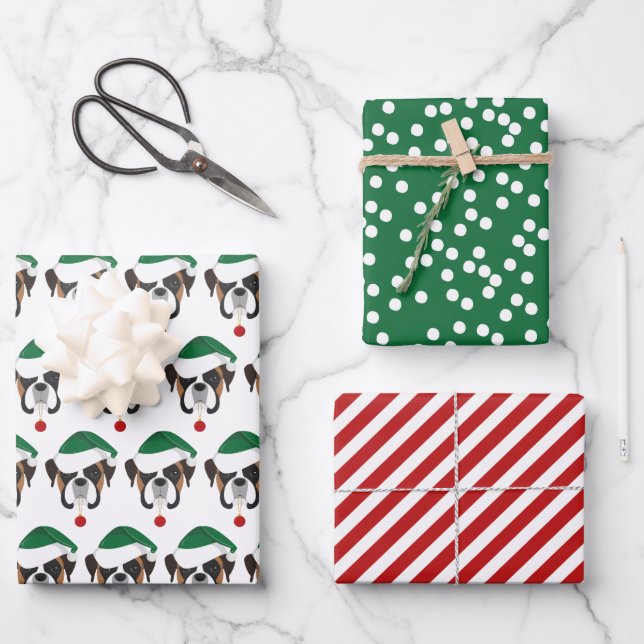 Cute Boxer & Red Striped Christmas Wrapping Paper Sheets (Front)