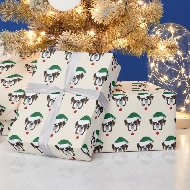 Cute Boxer with a Santa Hat Pattern Christmas Wrapping Paper (Holidays)