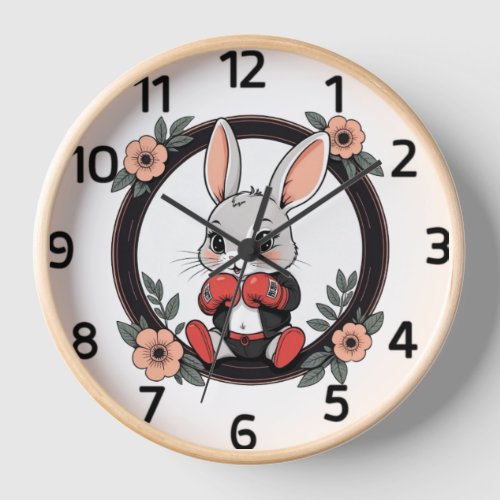 Cute Boxing Bunny with Flowers Clock