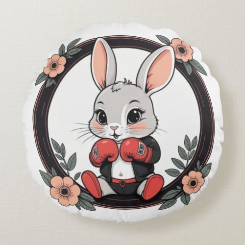Cute Boxing Bunny with Flowers Round Pillow