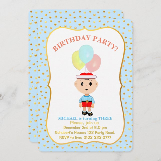 Cute Boy 3rd Birthday Invitation (Front/Back)