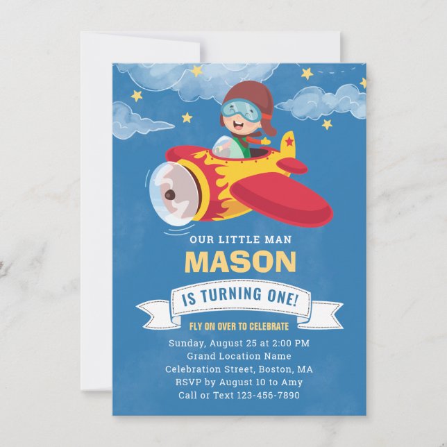 Cute Boy Airplane 1st Birthday Party Invitation (Front)
